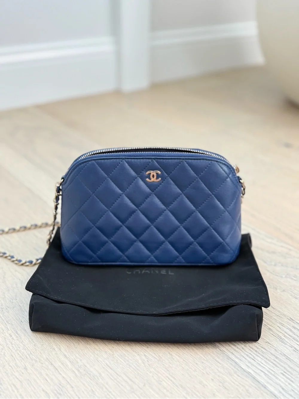 CHANEL Blue Clutch with Chain Lambskin Leather Gold Hardware (2024)